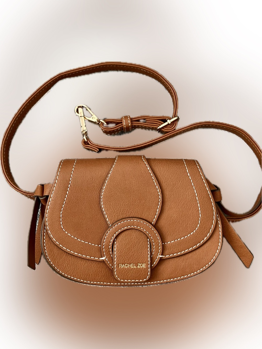 Rachel Zoe Saddle Crossbody in Tan with White Stitching